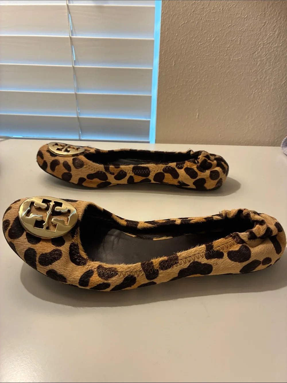 Tory Burch Leopard-Print Ballet Flats with Gold Logo, Size 7.5